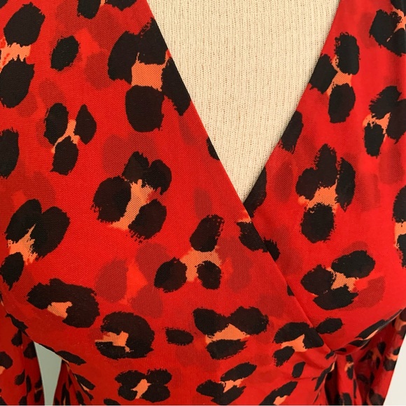 CAbi red animal print wrap dress, “Siren” Style mesh cheetah leopard print, Sz M - Picture 8 of 13